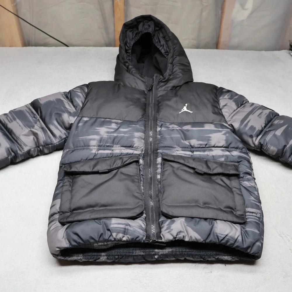 Jordan Jacket Boys Medium 10-12 Blk Insulated Full Zip Winter‎ Hood Puff VTG